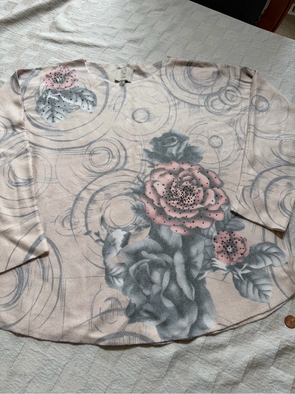 Soft Pink Floral Sweater Top with Embellished Roses